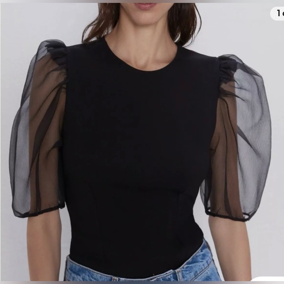 Zara Black Top Organza Puff Sleeve - S - Picture 2 of 6